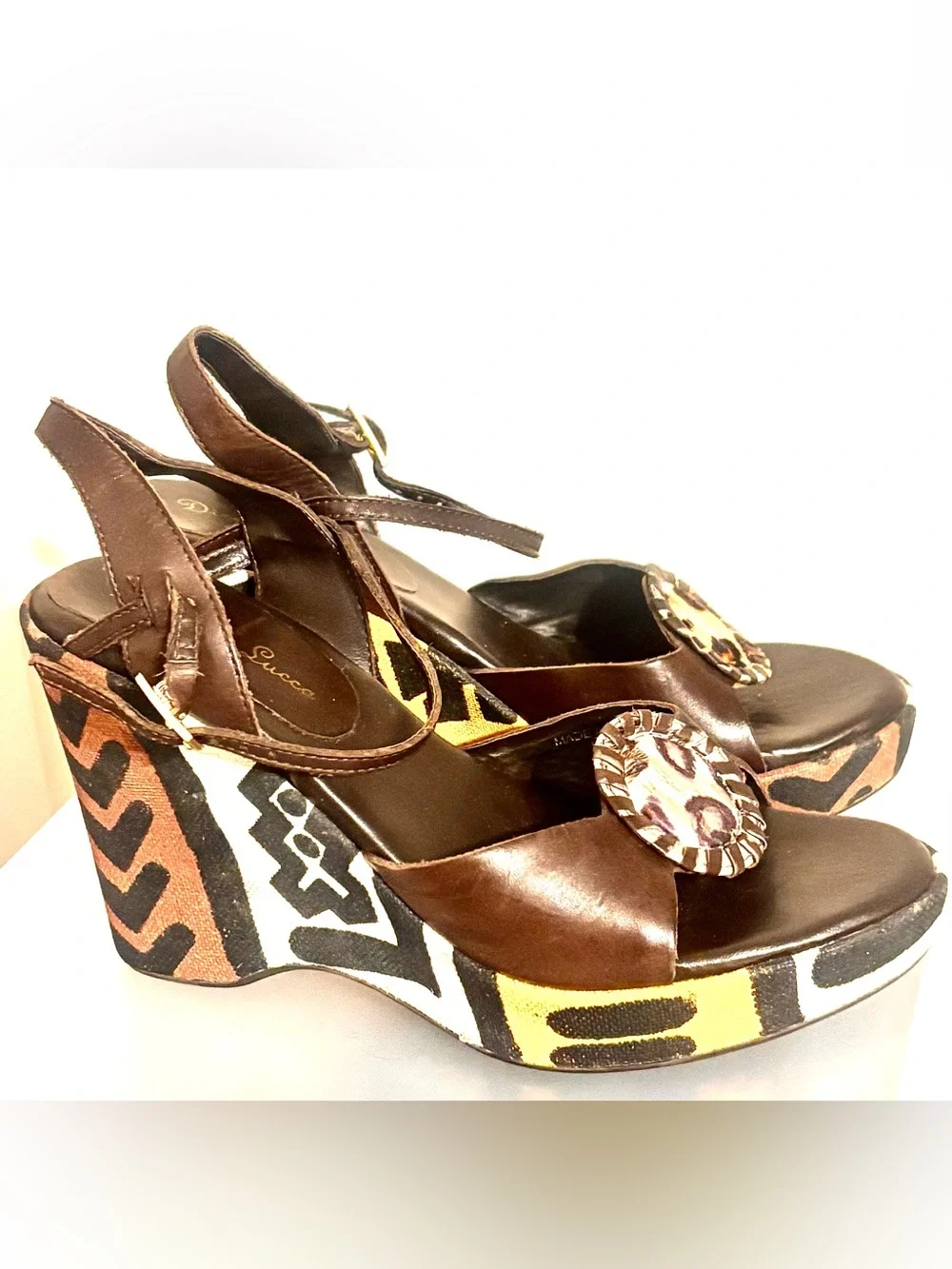 Diego di Lucca vintage Y2K tribal ethnic platform wedge sandals size 7